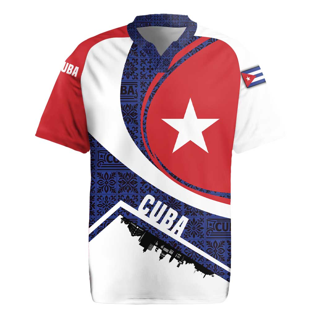Cuba Flag Rugby Jersey Red White and Blue Design with Cuban Star and Havana City Skyline - Wonder Print Shop