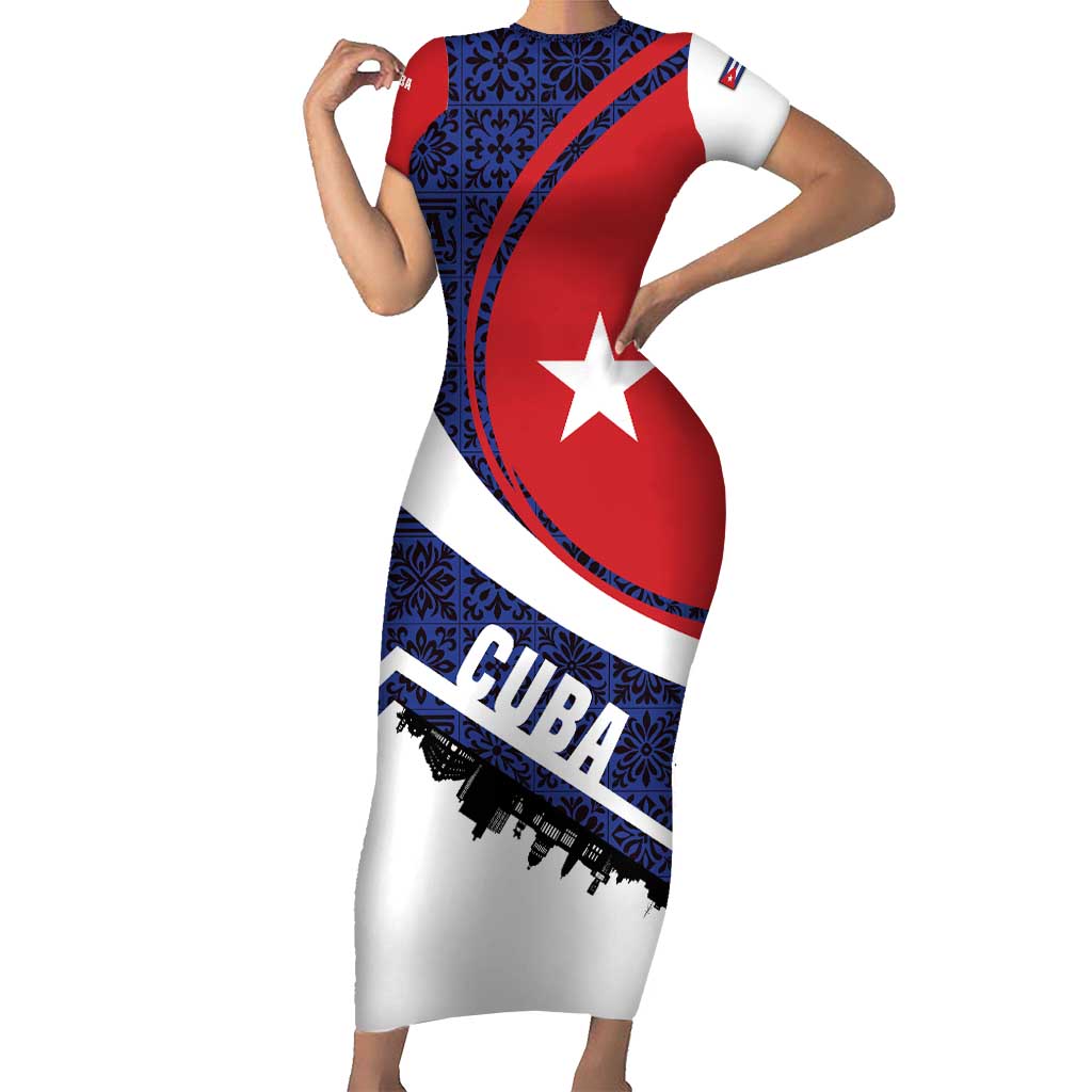 Cuba Flag Short Sleeve Bodycon Dress Red White and Blue Design with Cuban Star and Havana City Skyline - Wonder Print Shop