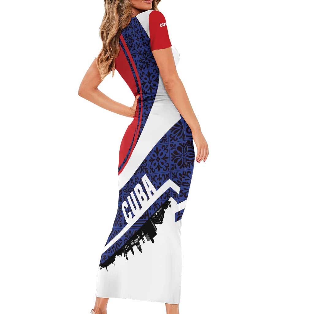 Cuba Flag Short Sleeve Bodycon Dress Red White and Blue Design with Cuban Star and Havana City Skyline - Wonder Print Shop