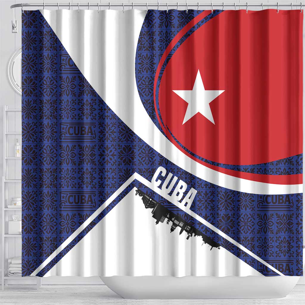 Cuba Flag Shower Curtain Red White and Blue Design with Cuban Star and Havana City Skyline - Wonder Print Shop