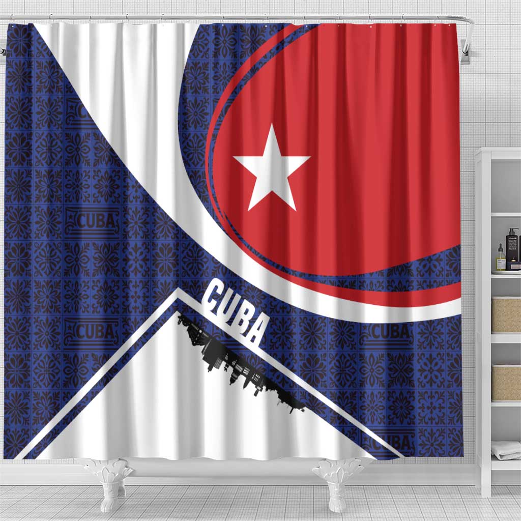 Cuba Flag Shower Curtain Red White and Blue Design with Cuban Star and Havana City Skyline - Wonder Print Shop