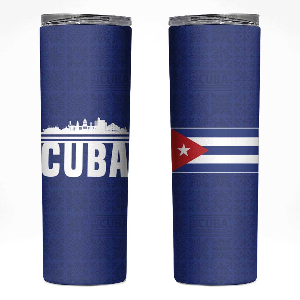 Cuba Flag Skinny Tumbler Red White and Blue Design with Cuban Star and Havana City Skyline - Wonder Print Shop