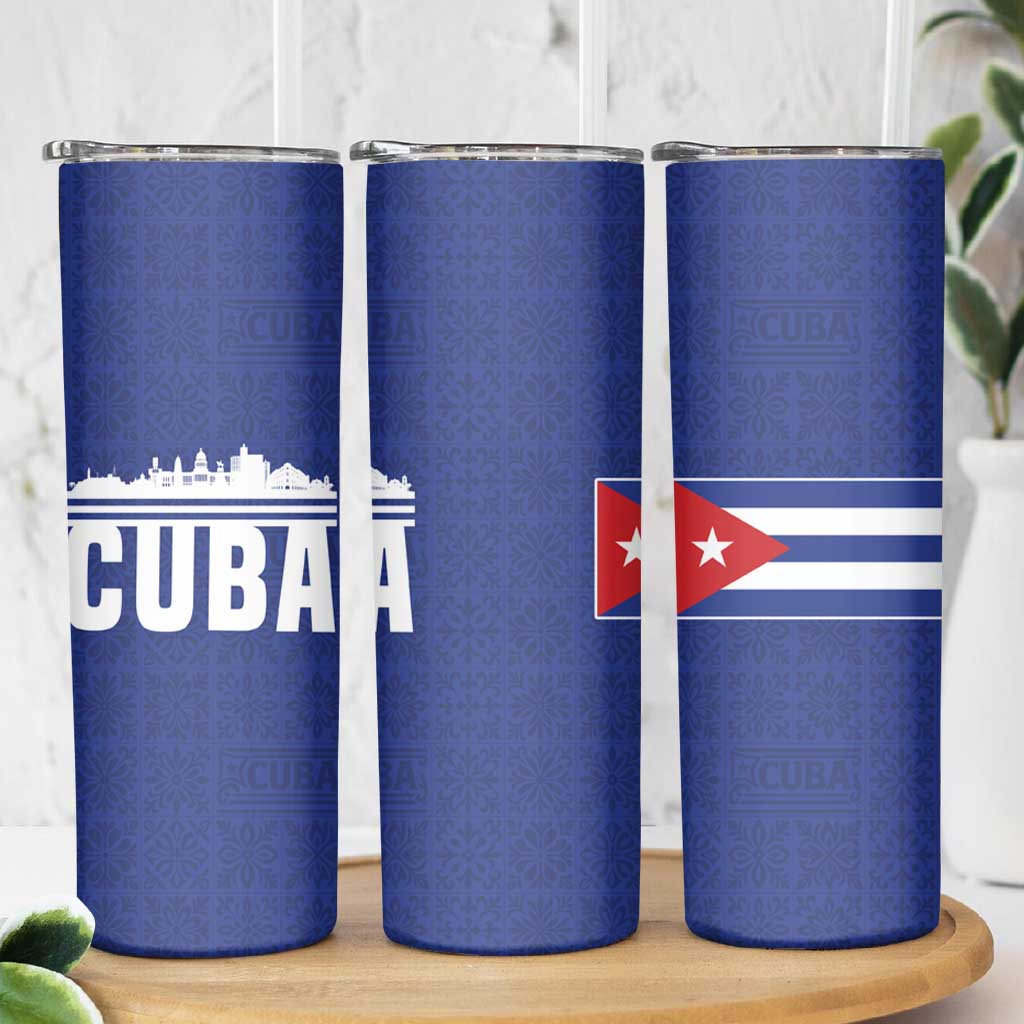 Cuba Flag Skinny Tumbler Red White and Blue Design with Cuban Star and Havana City Skyline - Wonder Print Shop