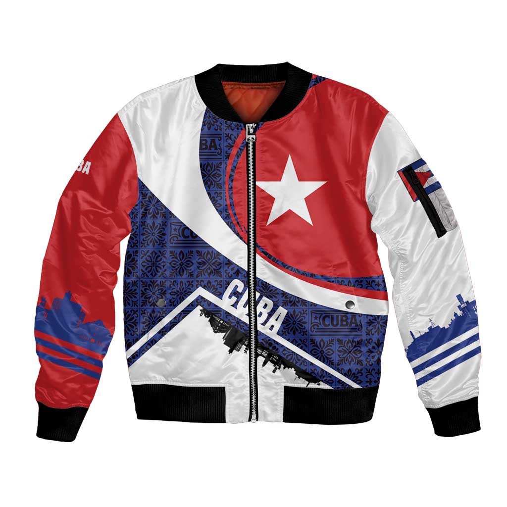 Cuba Flag Sleeve Zip Bomber Jacket Red White and Blue Design with Cuban Star and Havana City Skyline - Wonder Print Shop