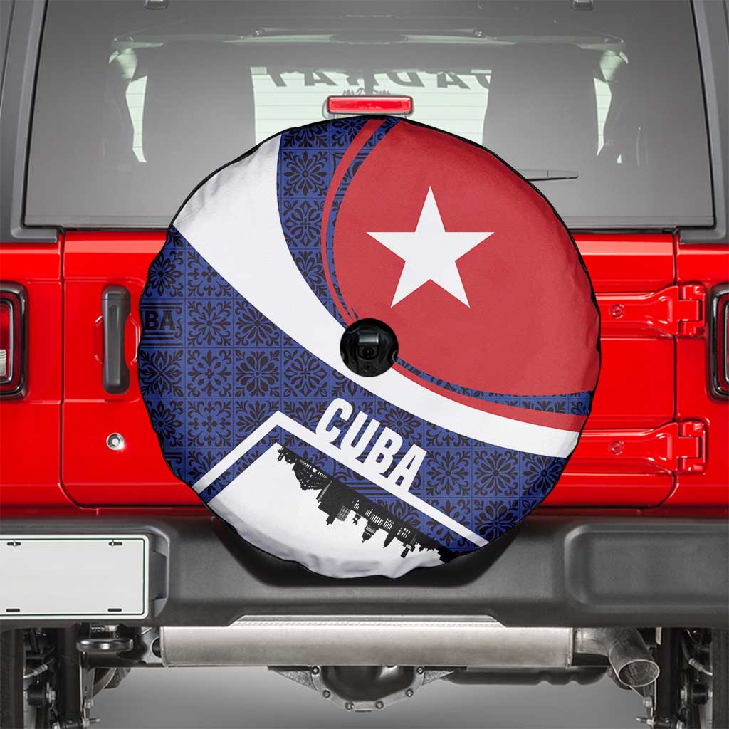 Cuba Flag Spare Tire Cover Red White and Blue Design with Cuban Star and Havana City Skyline - Wonder Print Shop