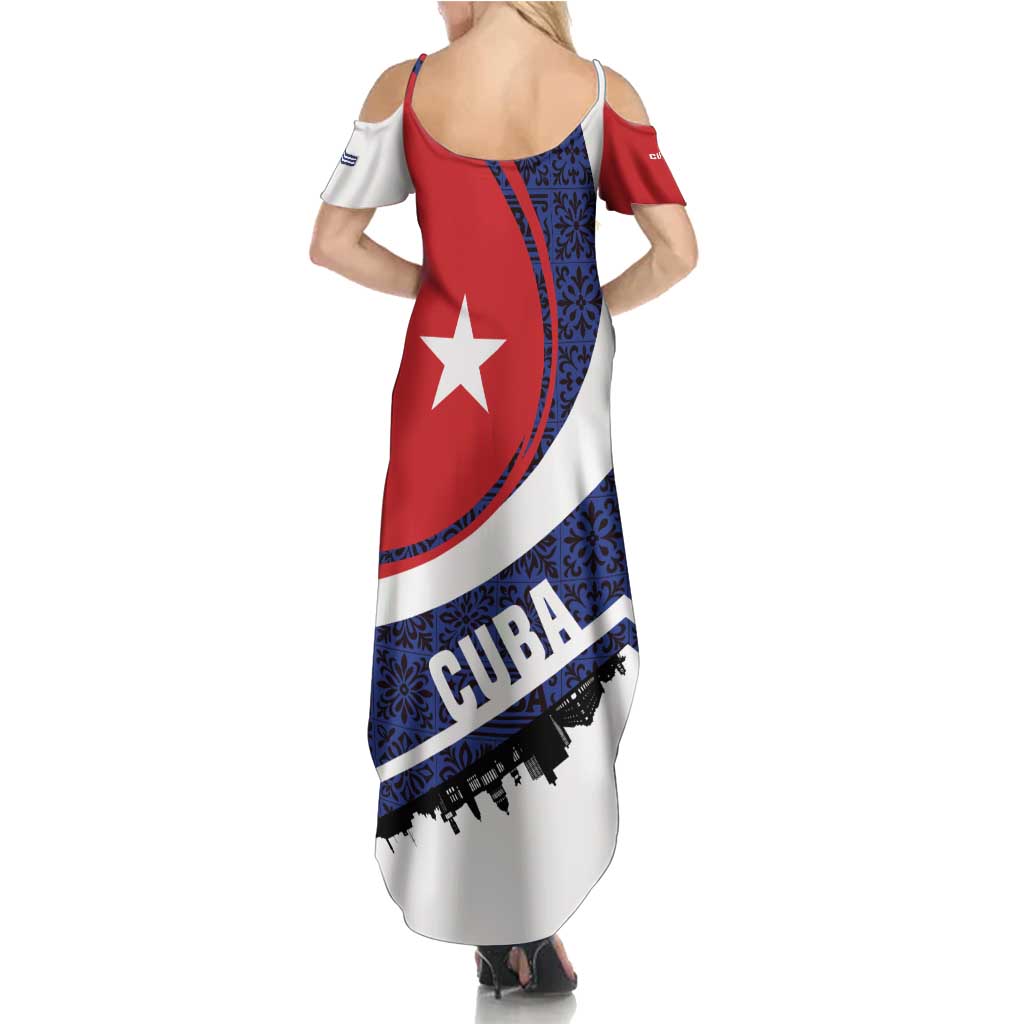 Cuba Flag Summer Maxi Dress Red White and Blue Design with Cuban Star and Havana City