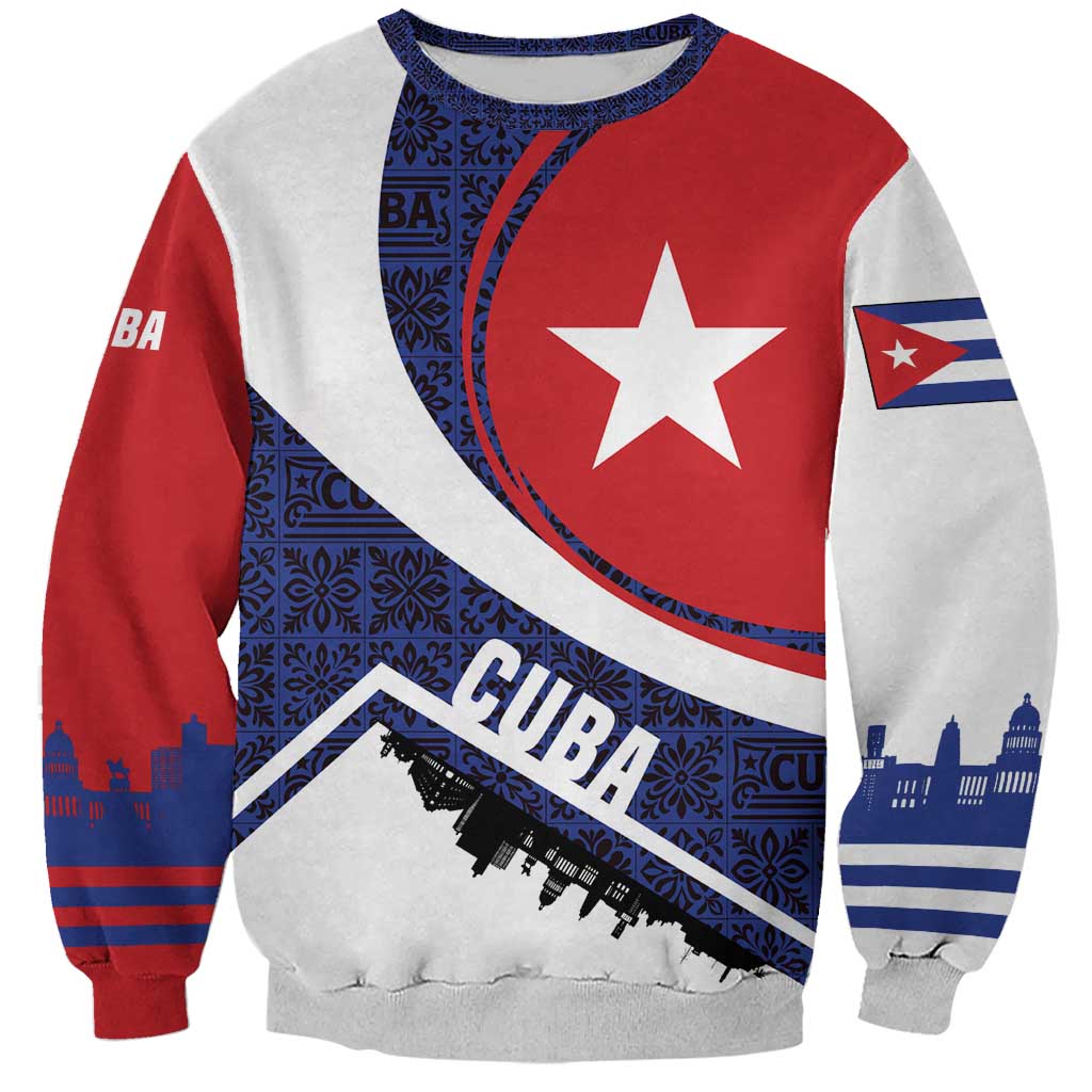 Cuba Flag Sweatshirt Red White and Blue Design with Cuban Star and Havana City Skyline - Wonder Print Shop