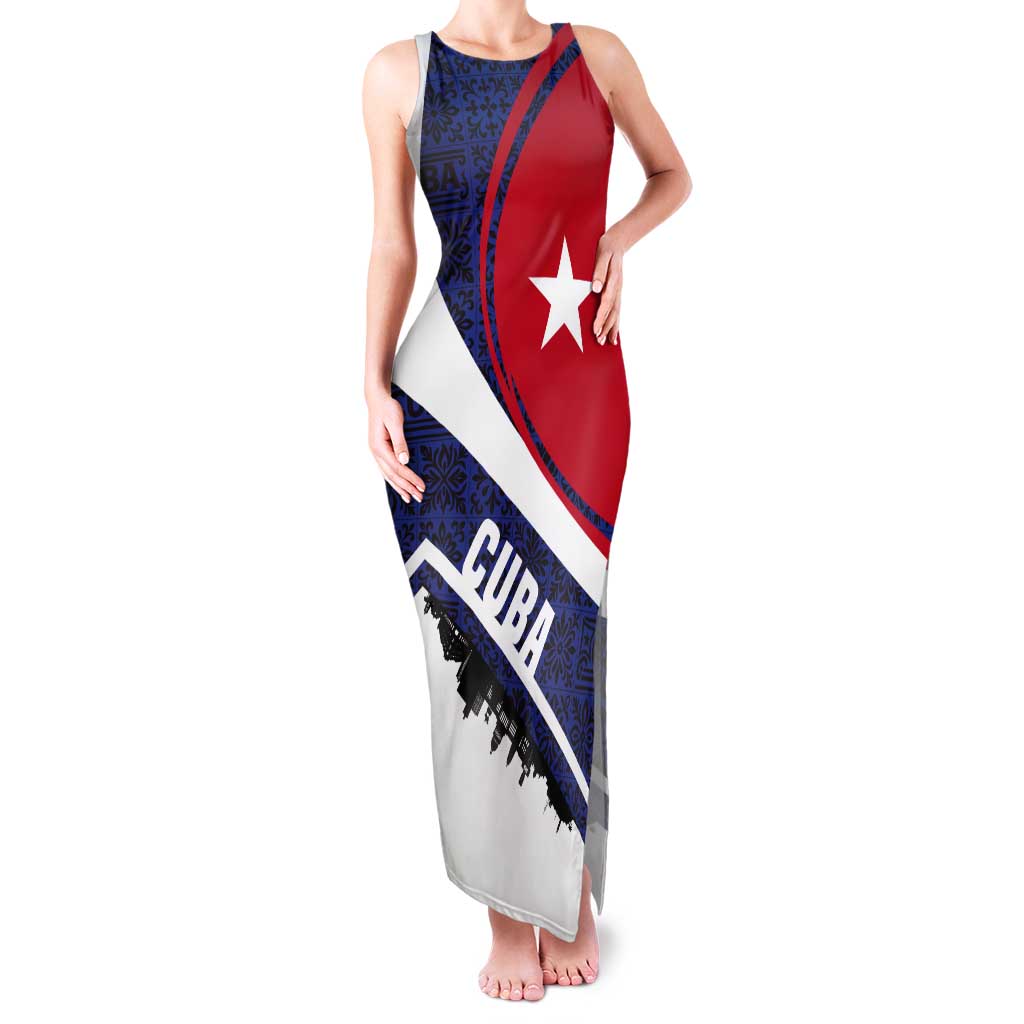 Cuba Flag Tank Maxi Dress Red White and Blue Design with Cuban Star and Havana City Skyline - Wonder Print Shop
