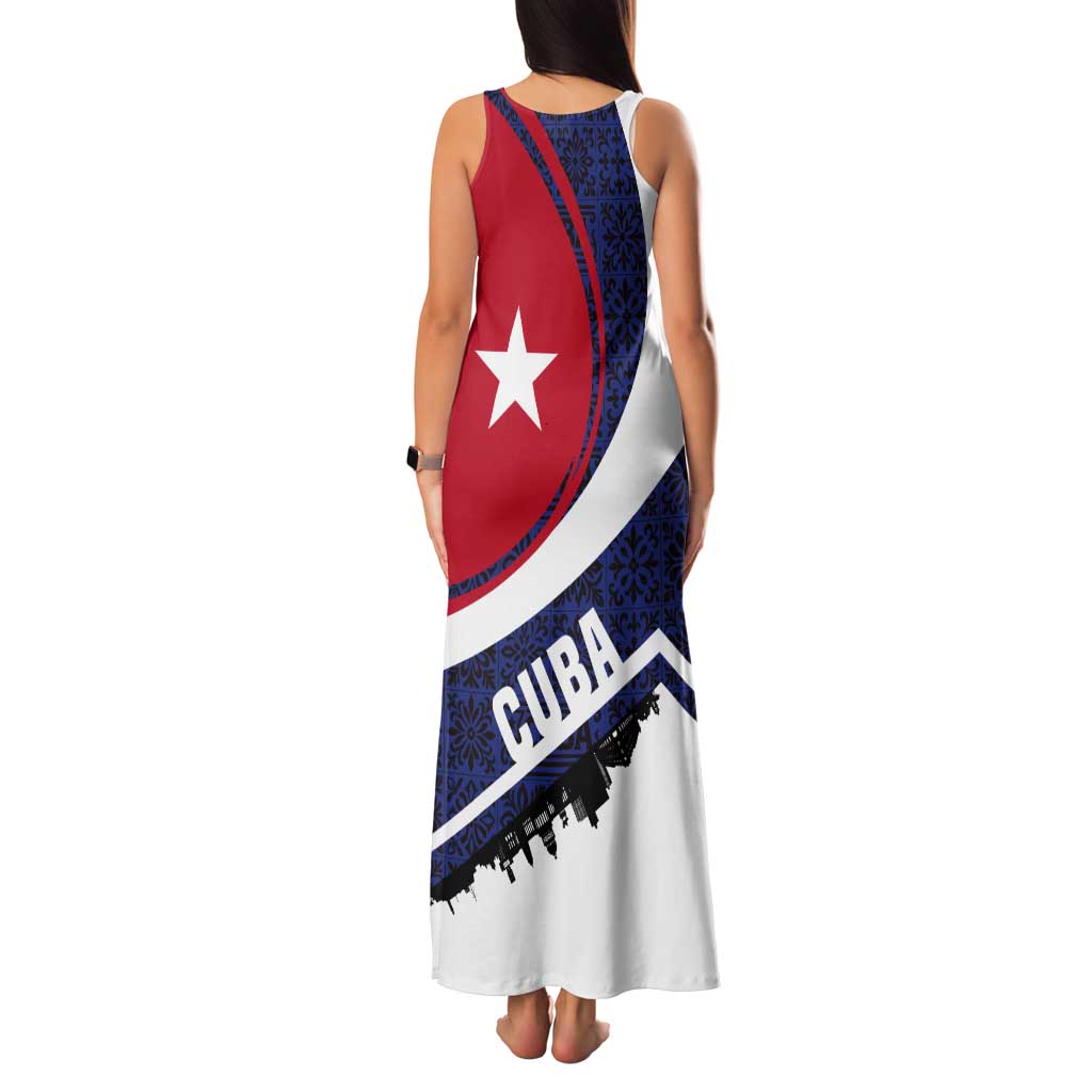 Cuba Flag Tank Maxi Dress Red White and Blue Design with Cuban Star and Havana City Skyline - Wonder Print Shop
