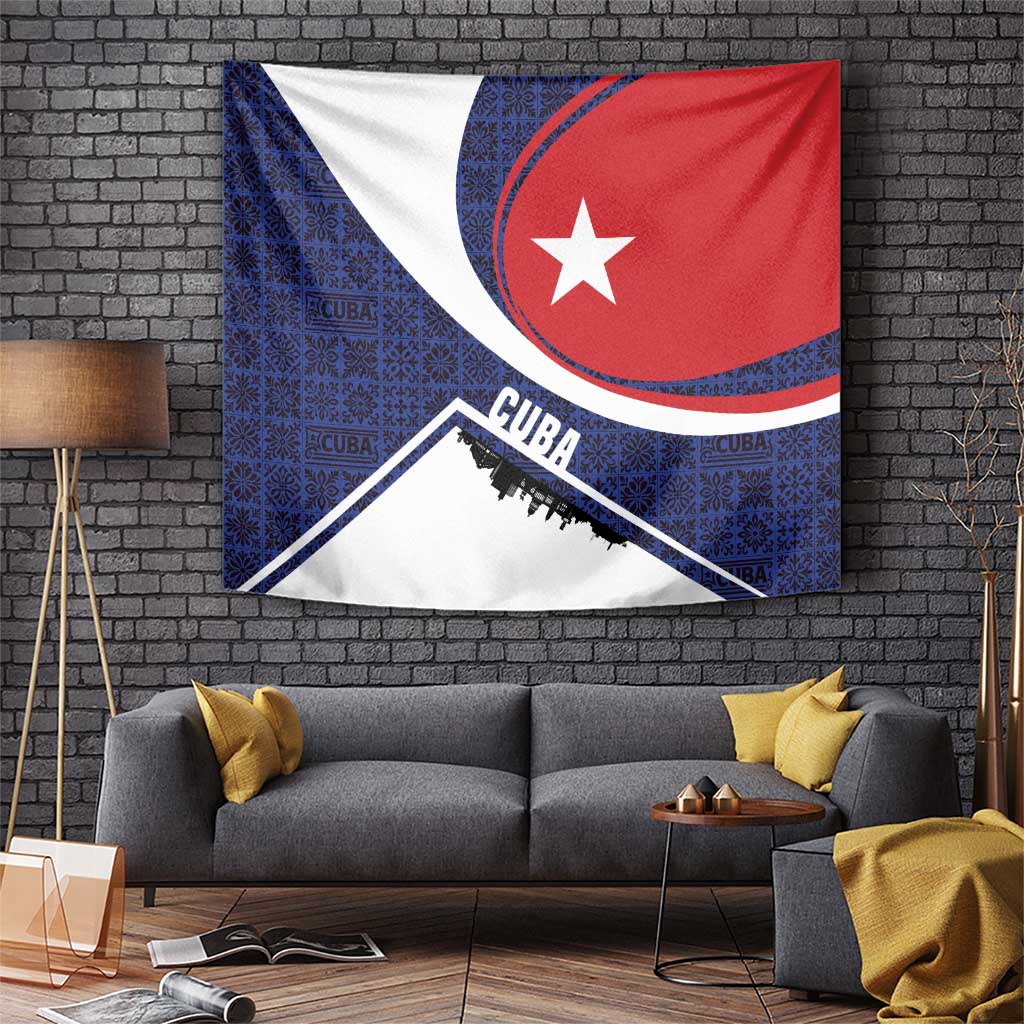 Cuba Flag Tapestry Red White and Blue Design with Cuban Star and Havana City Skyline - Wonder Print Shop