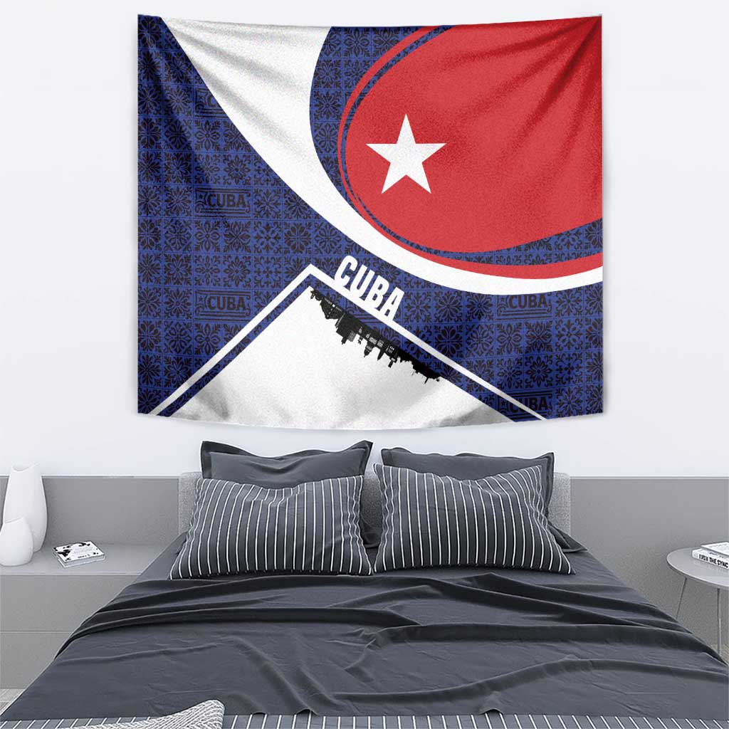 Cuba Flag Tapestry Red White and Blue Design with Cuban Star and Havana City Skyline - Wonder Print Shop