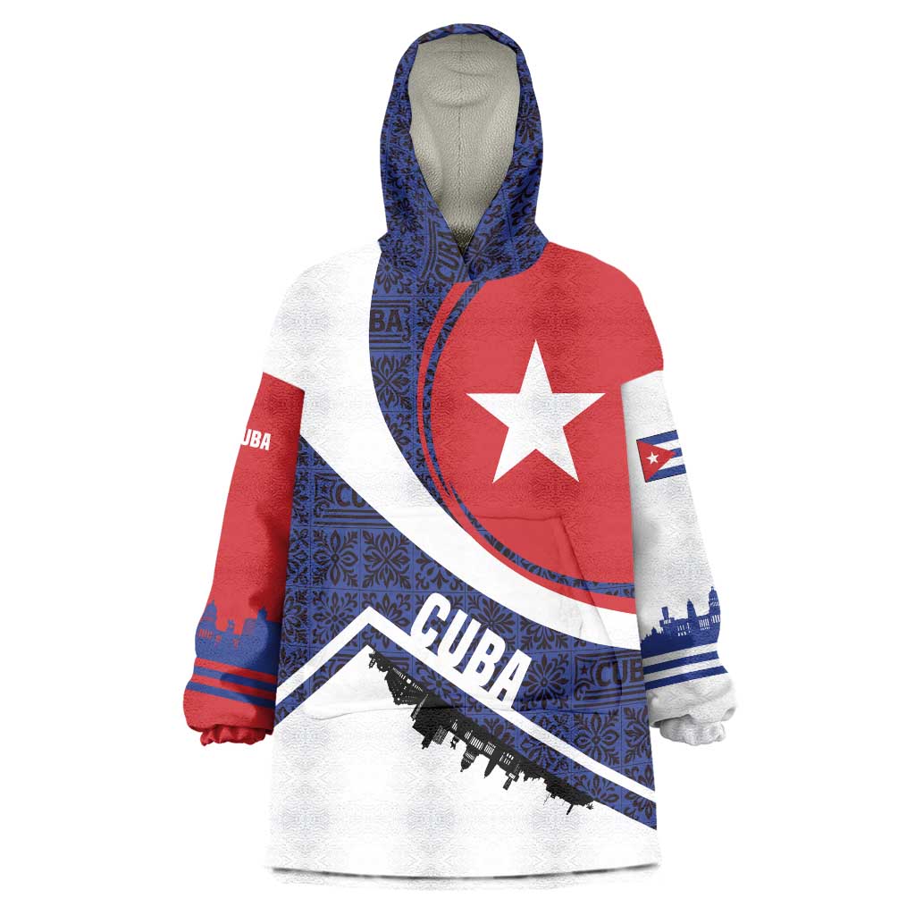 Cuba Flag Wearable Blanket Hoodie Red White and Blue Design with Cuban Star and Havana City Skyline - Wonder Print Shop