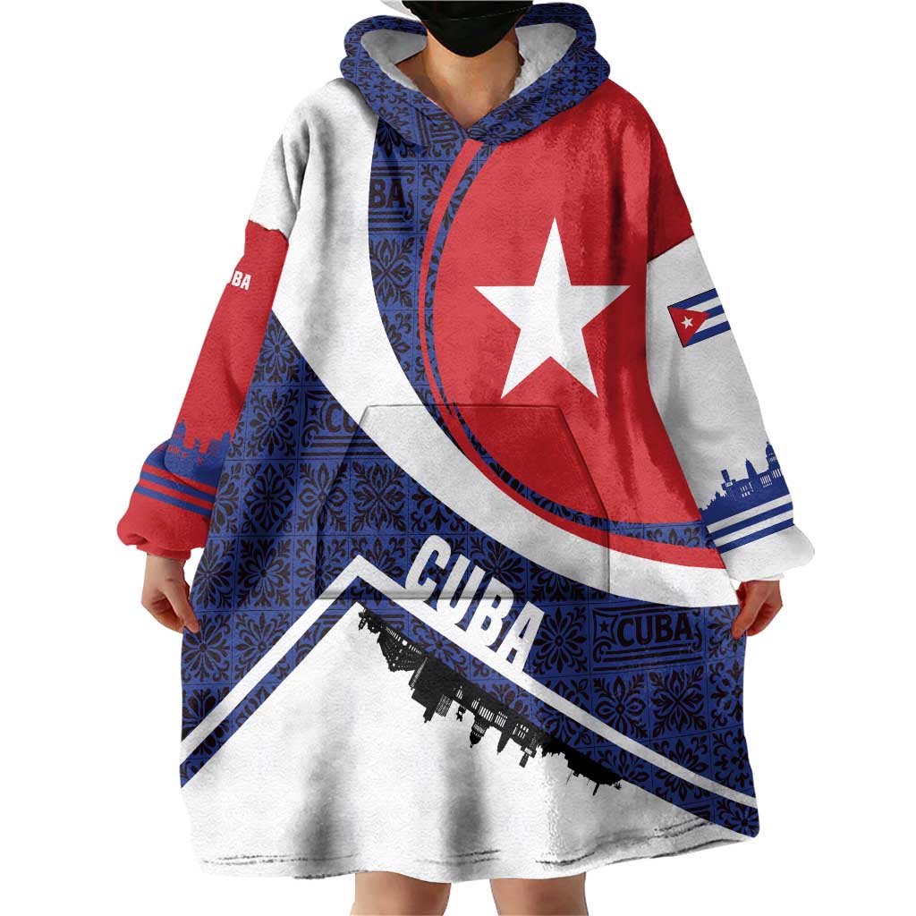 Cuba Flag Wearable Blanket Hoodie Red White and Blue Design with Cuban Star and Havana City Skyline - Wonder Print Shop