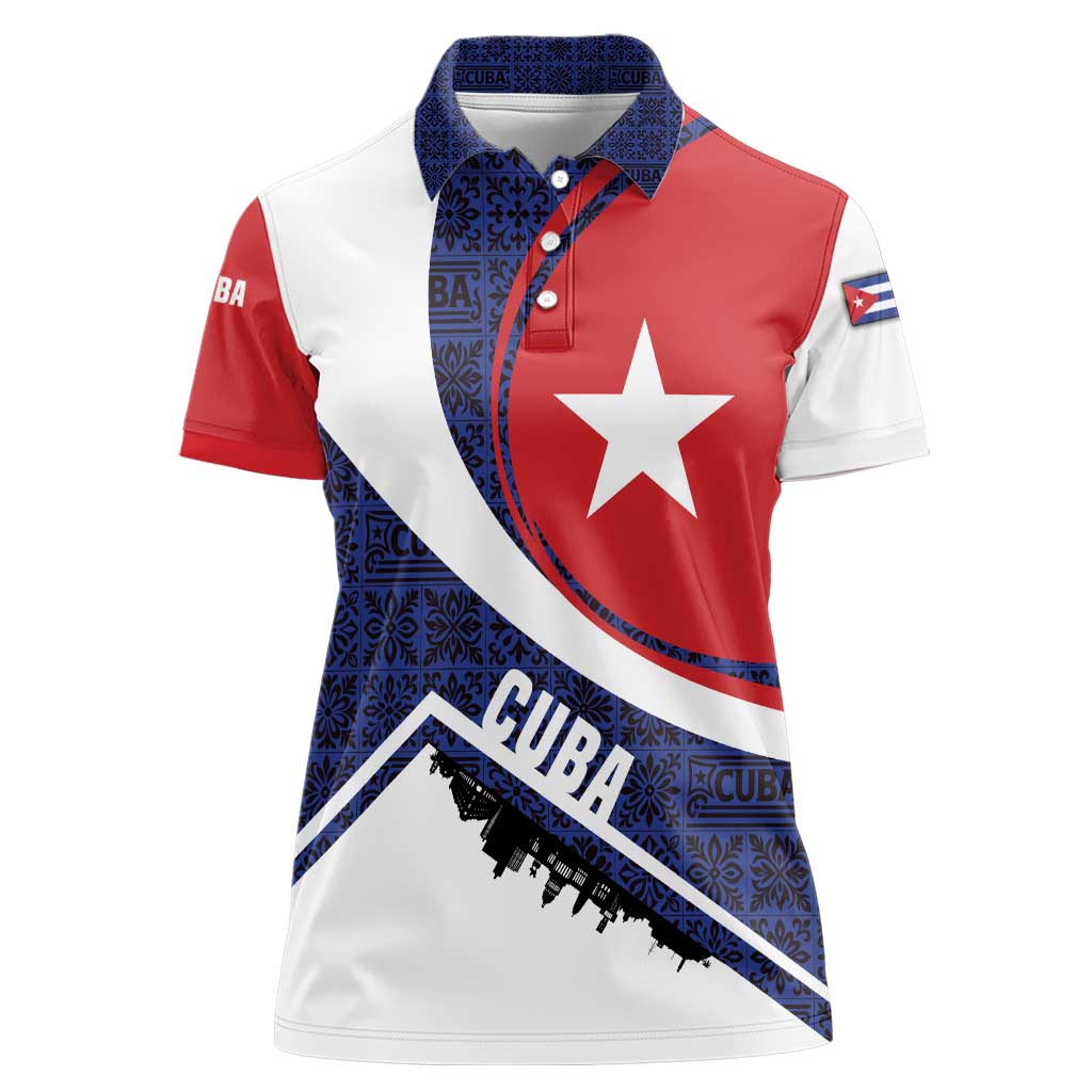 Cuba Flag Women Polo Shirt Red White and Blue Design with Cuban Star and Havana City Skyline - Wonder Print Shop