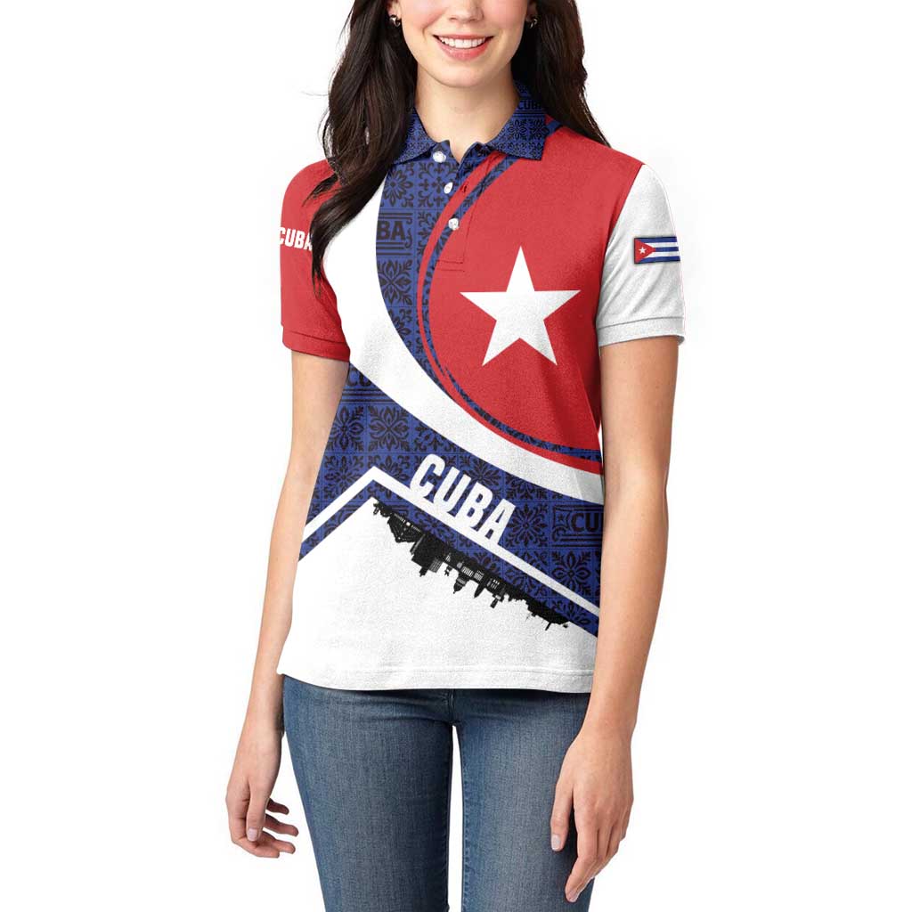 Cuba Flag Women Polo Shirt Red White and Blue Design with Cuban Star and Havana City Skyline - Wonder Print Shop
