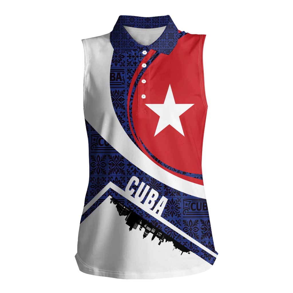 Cuba Flag Women Sleeveless Polo Shirt Red White and Blue Design with Cuban Star and Havana City Skyline - Wonder Print Shop