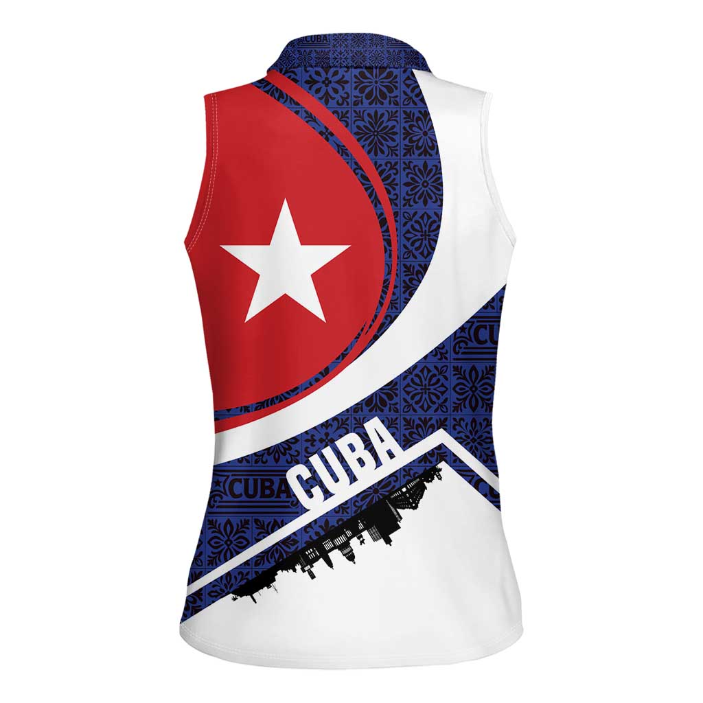 Cuba Flag Women Sleeveless Polo Shirt Red White and Blue Design with Cuban Star and Havana City Skyline - Wonder Print Shop