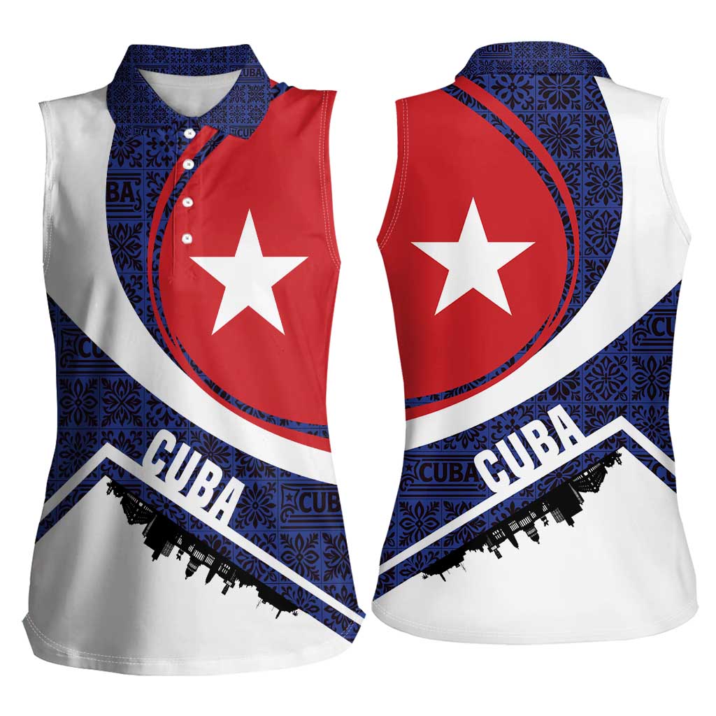 Cuba Flag Women Sleeveless Polo Shirt Red White and Blue Design with Cuban Star and Havana City Skyline - Wonder Print Shop