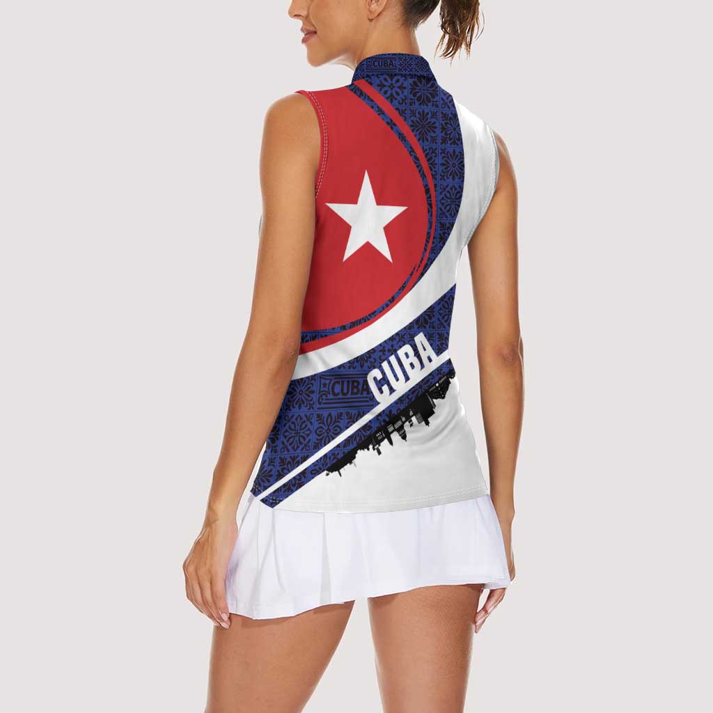 Cuba Flag Women Sleeveless Polo Shirt Red White and Blue Design with Cuban Star and Havana City Skyline - Wonder Print Shop