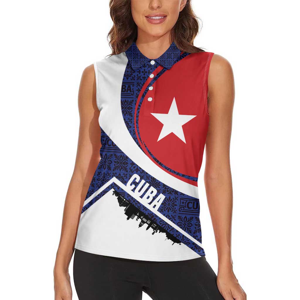 Cuba Flag Women Sleeveless Polo Shirt Red White and Blue Design with Cuban Star and Havana City Skyline - Wonder Print Shop
