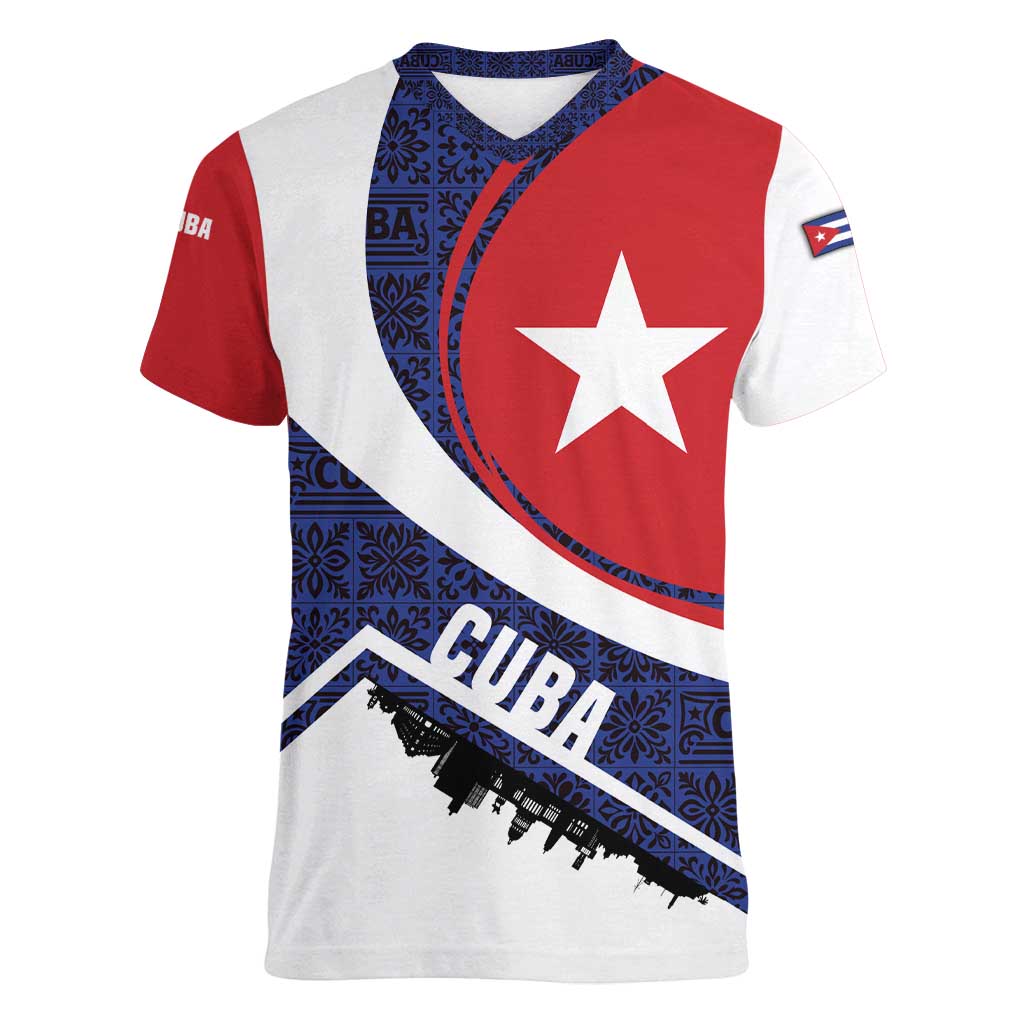Cuba Flag Women V-Neck T-Shirt Red White and Blue Design with Cuban Star and Havana City Skyline - Wonder Print Shop