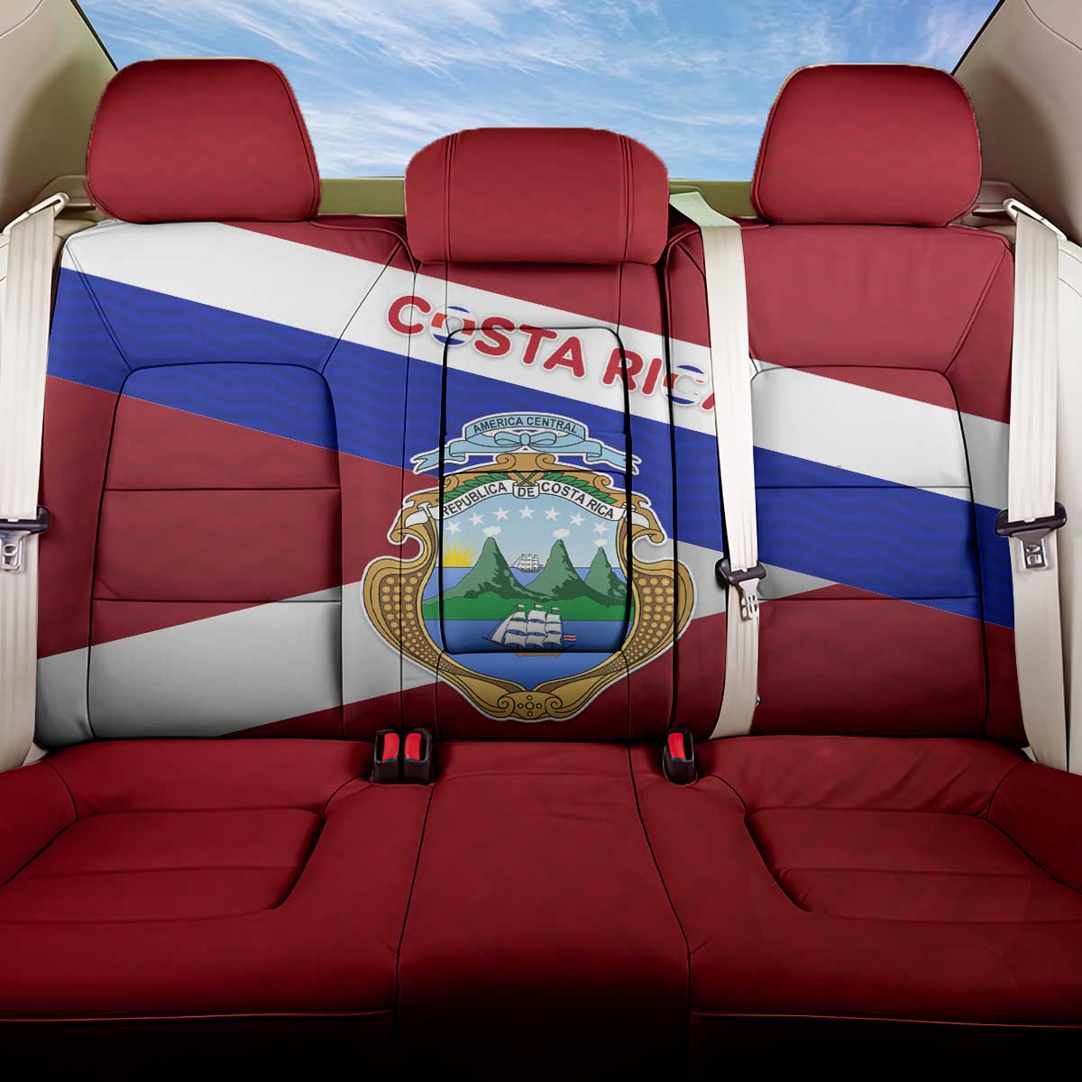 Costa Rica Flag Back Car Seat Cover Red White Blue with National Coat of Arms and Shield Design - Wonder Print Shop