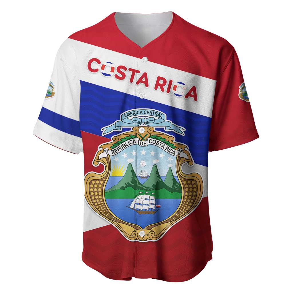 Costa Rica Flag Baseball Jersey Red White Blue with National Coat of Arms and Shield Design - Wonder Print Shop