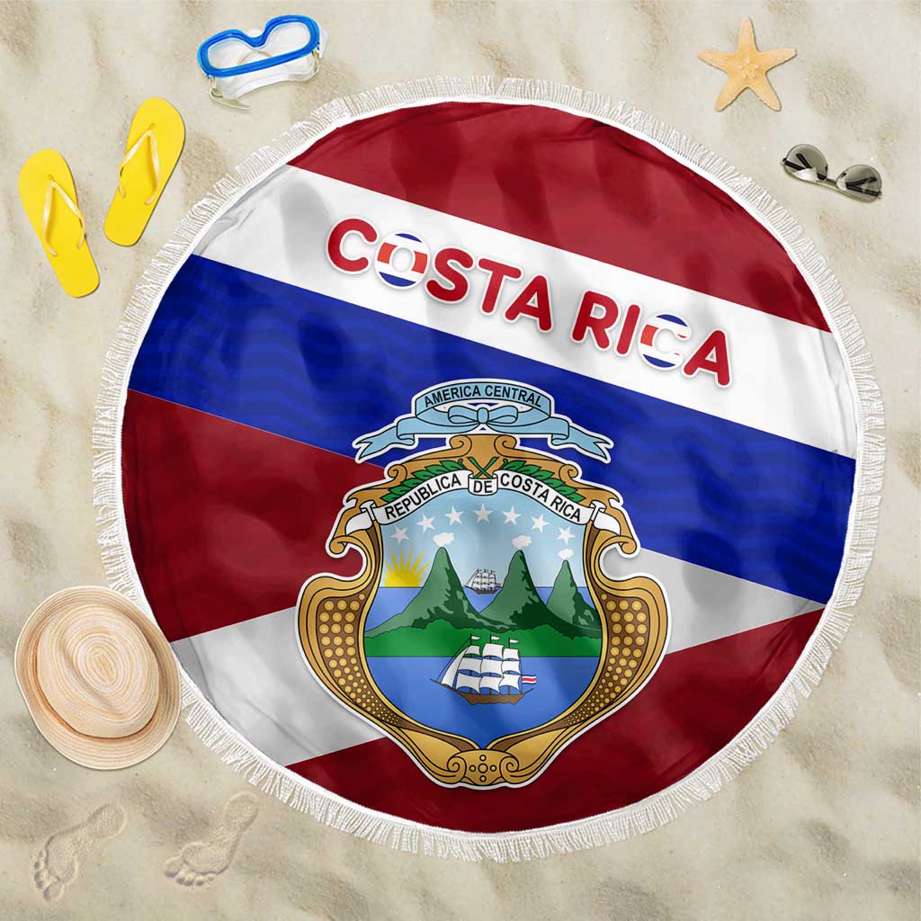 Costa Rica Flag Beach Blanket Red White Blue with National Coat of Arms and Shield Design - Wonder Print Shop