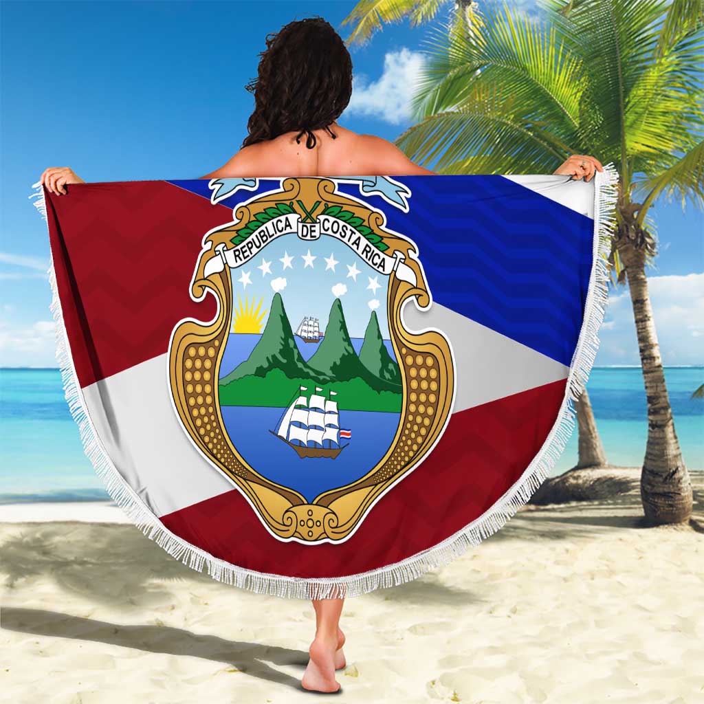 Costa Rica Flag Beach Blanket Red White Blue with National Coat of Arms and Shield Design - Wonder Print Shop