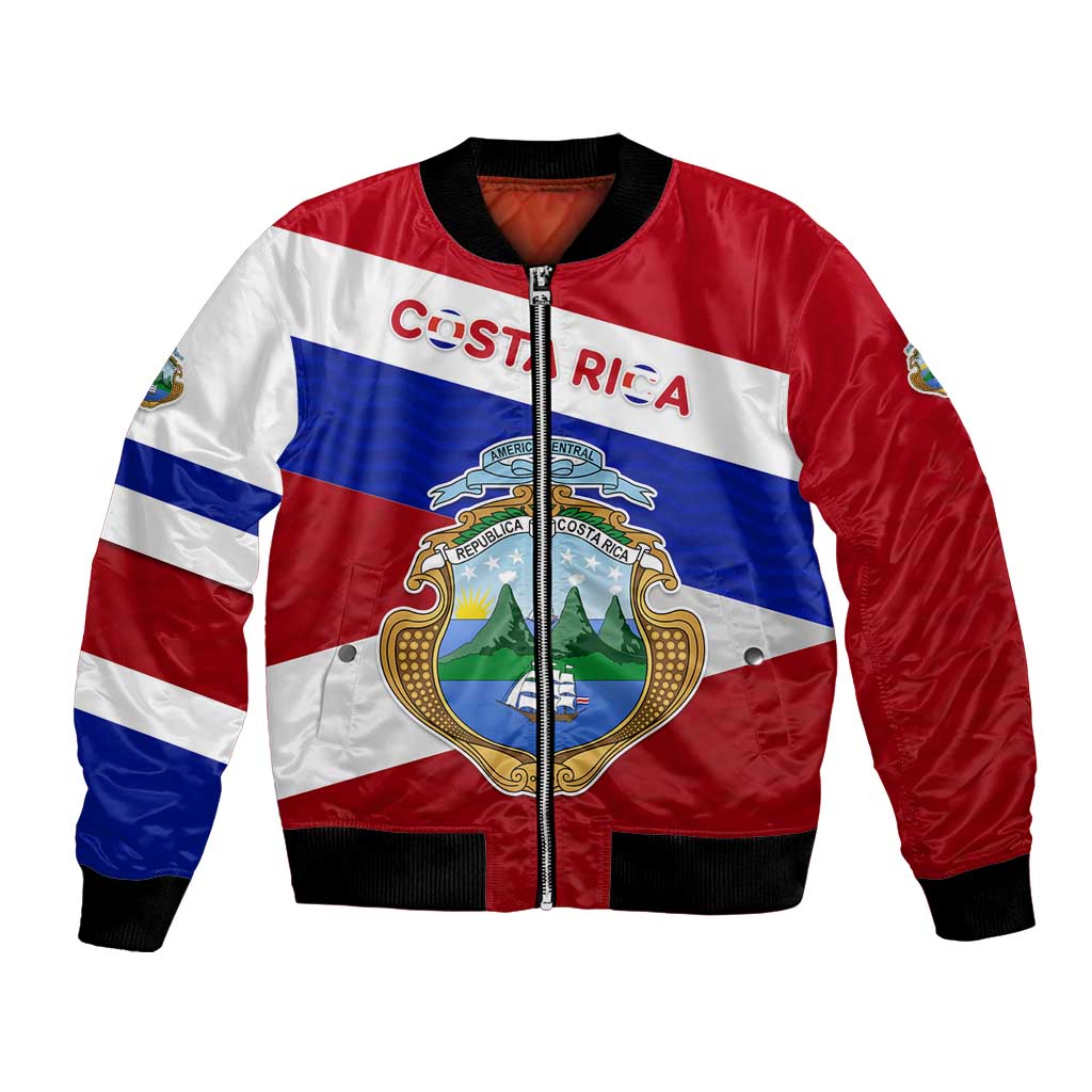 Costa Rica Flag Bomber Jacket Red White Blue with National Coat of Arms and Shield Design - Wonder Print Shop