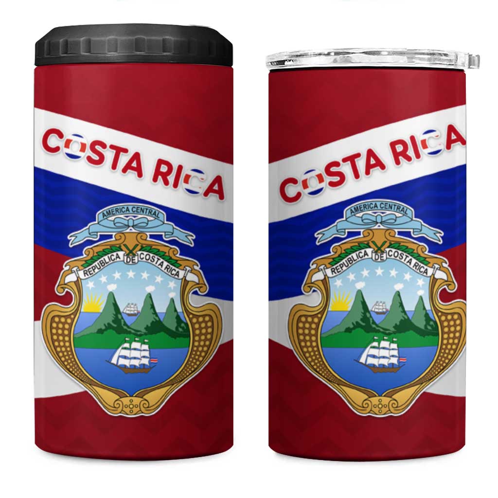 Costa Rica Flag 4 in 1 Can Cooler Tumbler Red White Blue with National Coat of Arms and Shield Design - Wonder Print Shop