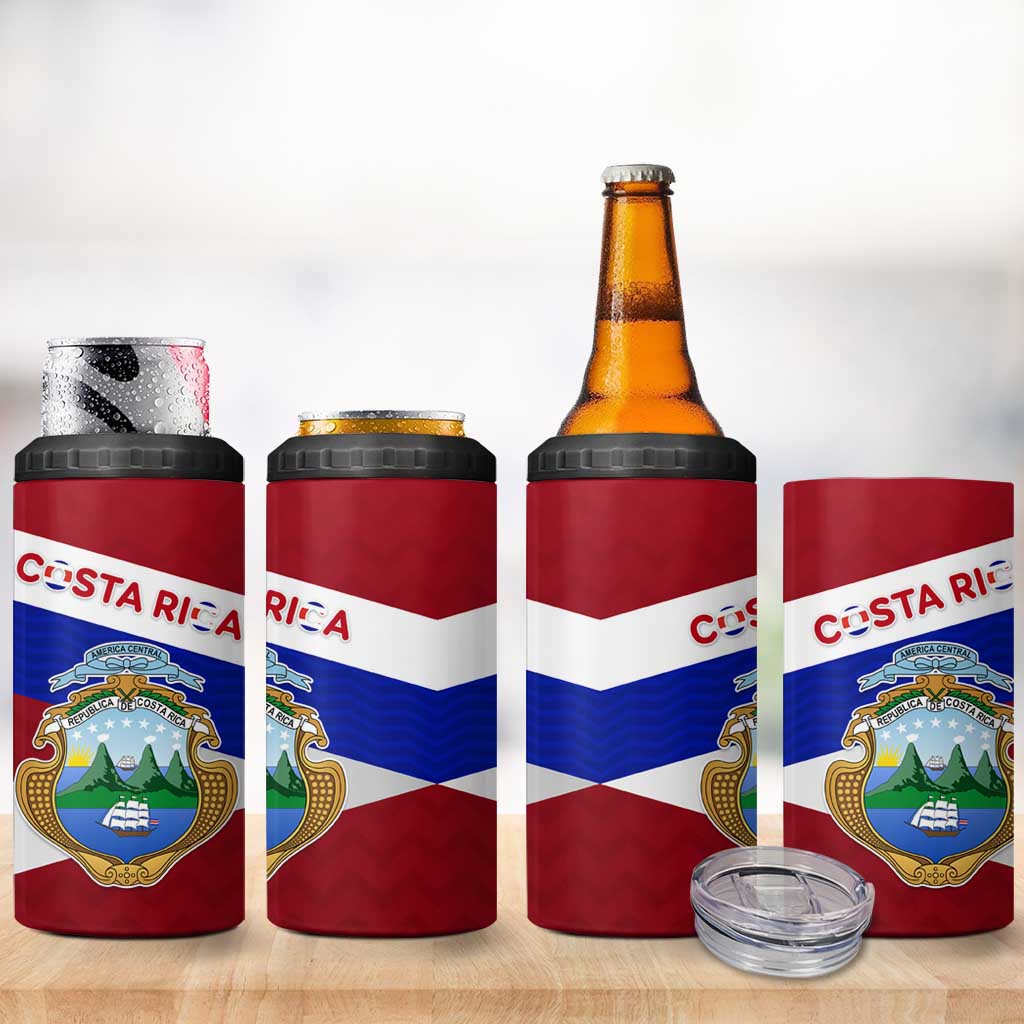 Costa Rica Flag 4 in 1 Can Cooler Tumbler Red White Blue with National Coat of Arms and Shield Design - Wonder Print Shop