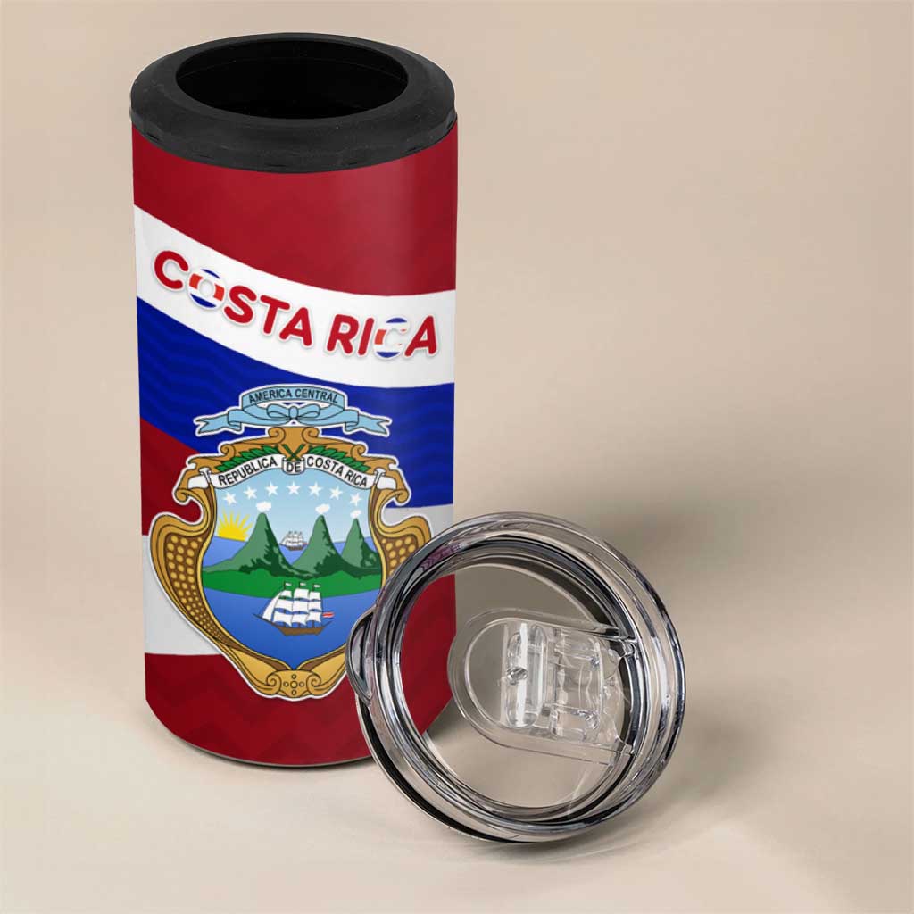 Costa Rica Flag 4 in 1 Can Cooler Tumbler Red White Blue with National Coat of Arms and Shield Design - Wonder Print Shop