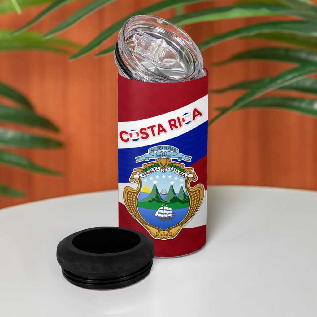 Costa Rica Flag 4 in 1 Can Cooler Tumbler Red White Blue with National Coat of Arms and Shield Design - Wonder Print Shop