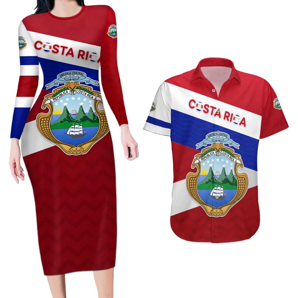Costa Rica Flag Couples Matching Long Sleeve Bodycon Dress and Hawaiian Shirt Red White Blue with National Coat of Arms and Shield Design - Wonder Print Shop