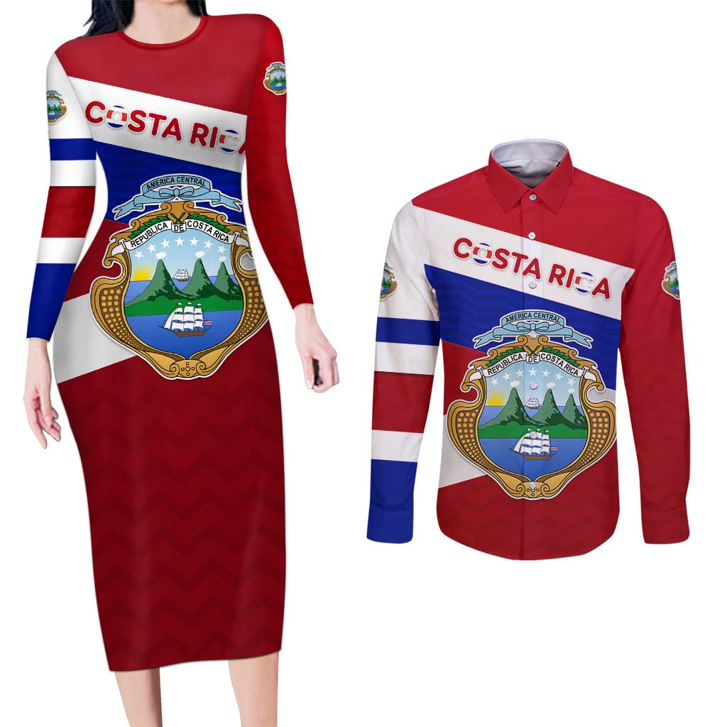 Costa Rica Flag Couples Matching Long Sleeve Bodycon Dress and Long Sleeve Button Shirt Red White Blue with National Coat of Arms and Shield Design - Wonder Print Shop