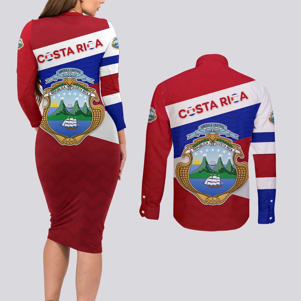 Costa Rica Flag Couples Matching Long Sleeve Bodycon Dress and Long Sleeve Button Shirt Red White Blue with National Coat of Arms and Shield Design - Wonder Print Shop