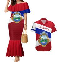 Costa Rica Flag Couples Matching Mermaid Dress and Hawaiian Shirt Red White Blue with National Coat of Arms and Shield Design - Wonder Print Shop