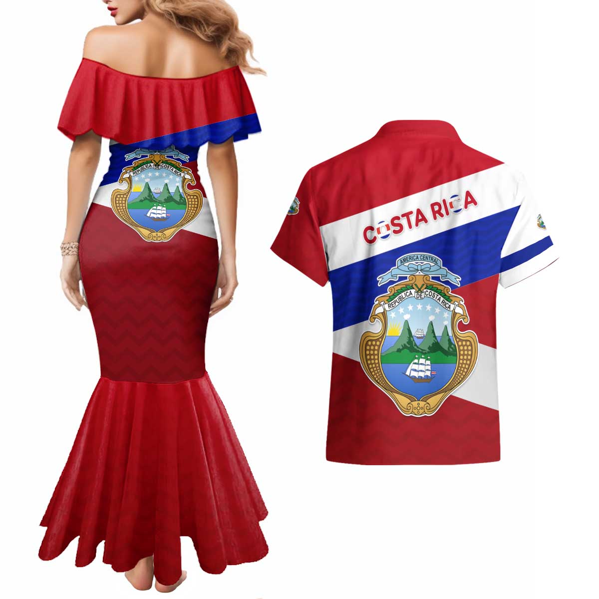 Costa Rica Flag Couples Matching Mermaid Dress and Hawaiian Shirt Red White Blue with National Coat of Arms and Shield Design - Wonder Print Shop