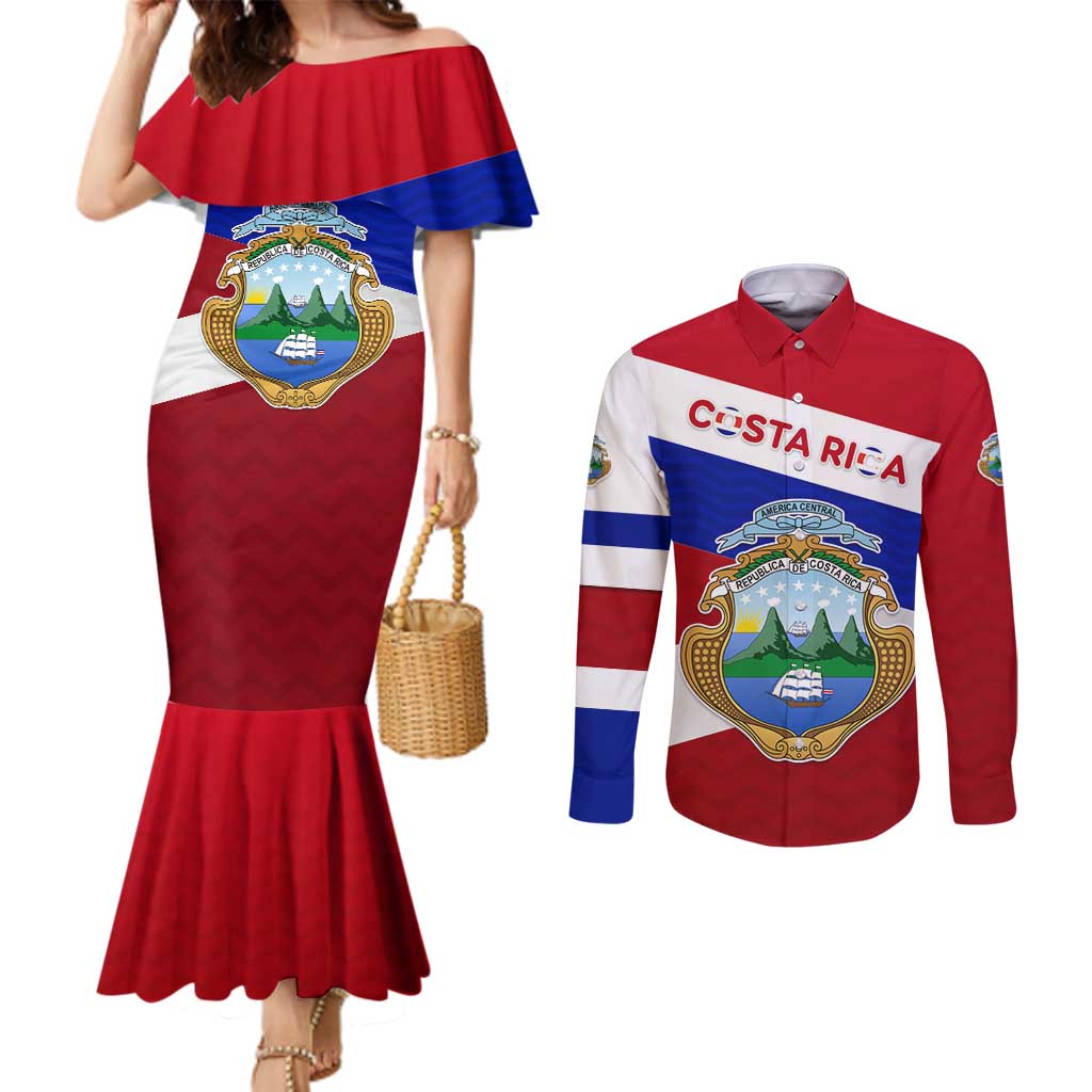 Costa Rica Flag Couples Matching Mermaid Dress and Long Sleeve Button Shirt Red White Blue with National Coat of Arms and Shield Design - Wonder Print Shop