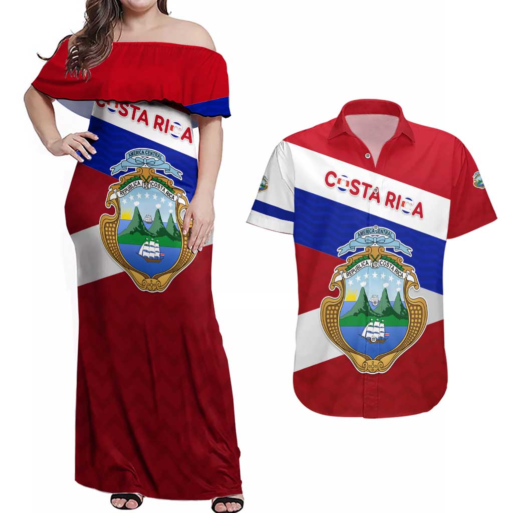 Costa Rica Flag Couples Matching Off Shoulder Maxi Dress and Hawaiian Shirt Red White Blue with National Coat of Arms and Shield Design - Wonder Print Shop