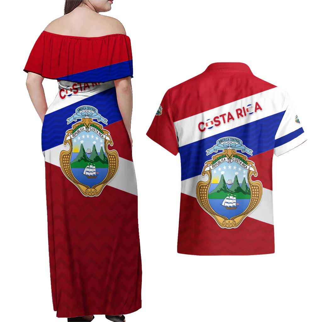 Costa Rica Flag Couples Matching Off Shoulder Maxi Dress and Hawaiian Shirt Red White Blue with National Coat of Arms and Shield Design - Wonder Print Shop