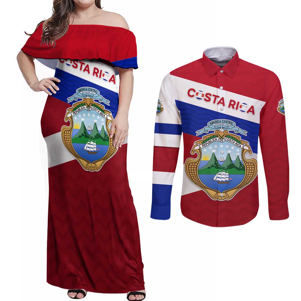 Costa Rica Flag Couples Matching Off Shoulder Maxi Dress and Long Sleeve Button Shirt Red White Blue with National Coat of Arms and Shield Design - Wonder Print Shop