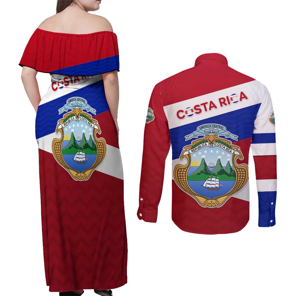 Costa Rica Flag Couples Matching Off Shoulder Maxi Dress and Long Sleeve Button Shirt Red White Blue with National Coat of Arms and Shield Design - Wonder Print Shop
