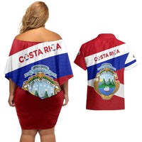 Costa Rica Flag Couples Matching Off Shoulder Short Dress and Hawaiian Shirt Red White Blue with National Coat of Arms and Shield Design - Wonder Print Shop