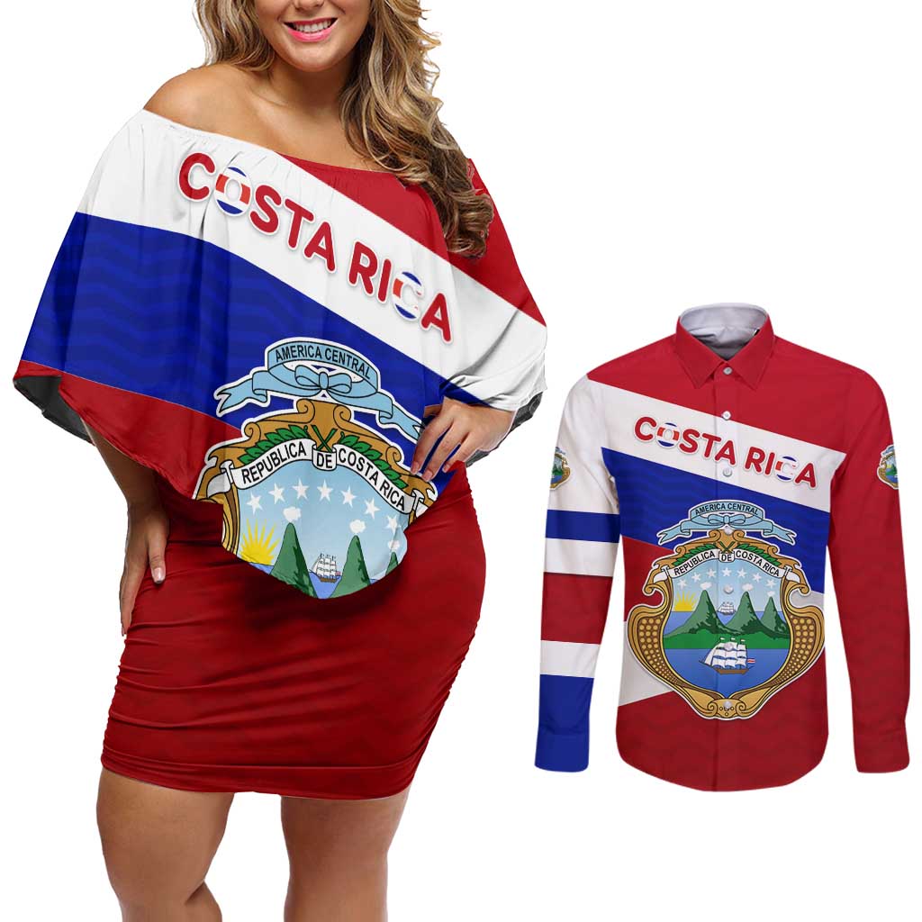 Costa Rica Flag Couples Matching Off Shoulder Short Dress and Long Sleeve Button Shirt Red White Blue with National Coat of Arms and Shield Design - Wonder Print Shop