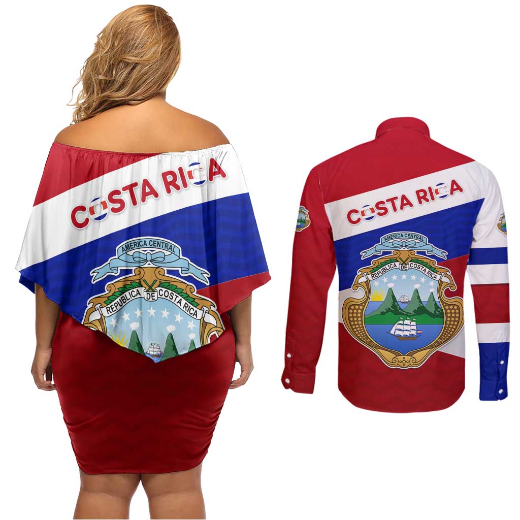 Costa Rica Flag Couples Matching Off Shoulder Short Dress and Long Sleeve Button Shirt Red White Blue with National Coat of Arms and Shield Design - Wonder Print Shop