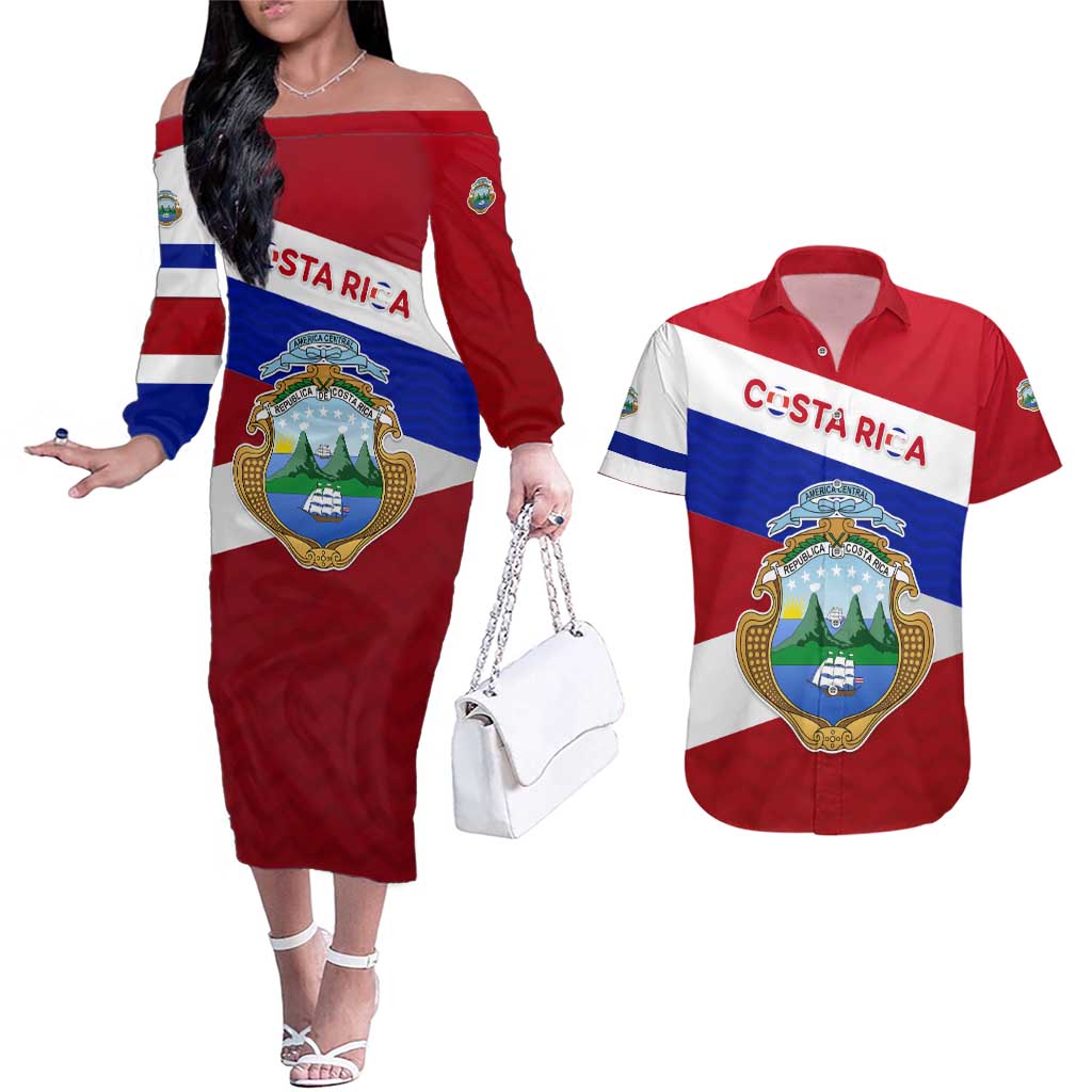 Costa Rica Flag Couples Matching Off The Shoulder Long Sleeve Dress and Hawaiian Shirt Red White Blue with National Coat of Arms and Shield Design - Wonder Print Shop