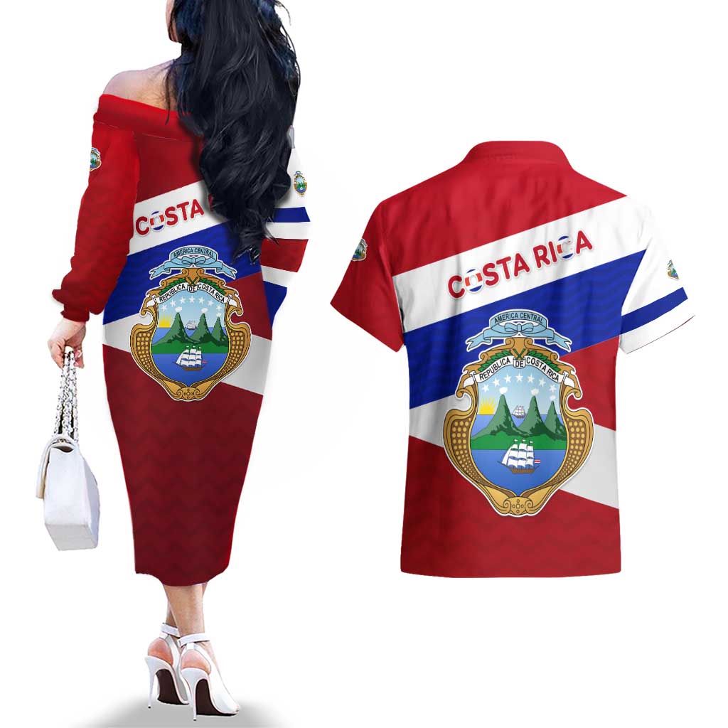 Costa Rica Flag Couples Matching Off The Shoulder Long Sleeve Dress and Hawaiian Shirt Red White Blue with National Coat of Arms and Shield Design - Wonder Print Shop