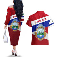 Costa Rica Flag Couples Matching Off The Shoulder Long Sleeve Dress and Hawaiian Shirt Red White Blue with National Coat of Arms and Shield Design - Wonder Print Shop